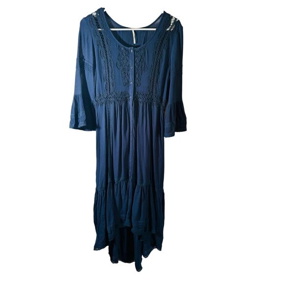Free People Navy Boho Cottage Core Teared Lace Hi Low Maxi Dress Bell Sleeve 2 - Picture 6 of 16